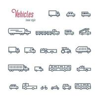 lineal coche íconos colocar, varios tipos de carros y vehículos contorno estilo vector ilustración en blanco antecedentes.