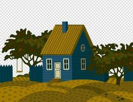 Suburban house - dacha. Rural landscape with blue Barn house in rustic style and green fruit garden vector