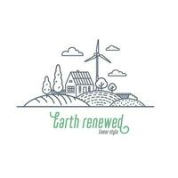 Earth renewed concept thin line vector illustration. Windmill and solar energy as an alternative electricity resource for a farm. Outline style vector illustration on white background.