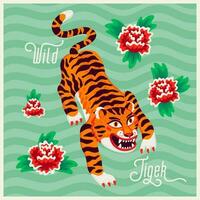 Tiger vector illustration, cartoon tiger sneaking on green wavy background with flowers in asian style. Organic flat style vector illustration.