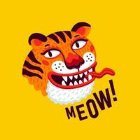 Tiger vector head, cartoon tiger funny face and meow text on yellow background. Organic flat style vector illustration.