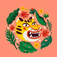 Tiger vector head, cartoon tiger funny face in tropical flowers and leaves wreath frame. Organic flat style vector illustration.