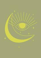 Retro moon and mystic eye printed wall art illustration. Tarot card vector