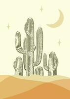 Abstract contemporary aesthetic night desert landscape with saguaro cactus. vector
