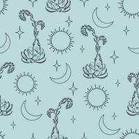 Seamless aesthetic pattern with blossom cactus on desert. Print on light blue heavenly elements vector