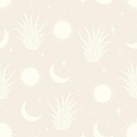 Seamless aesthetic pattern with blossom cactus on desert. vector