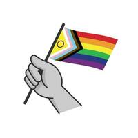 Hand holding lgbt rainbow flag. Cartoon arm doodle holding Pride symbol. Gender diversity representation. vector