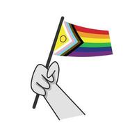 Hand holding lgbt rainbow flag. Cartoon arm doodle holding Pride symbol. Gender diversity representation. vector