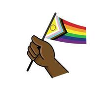 Hand holding lgbt rainbow flag. Cartoon arm doodle holding Pride symbol. Gender diversity representation. vector