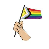 Hand holding lgbt rainbow flag. Cartoon arm doodle holding Pride symbol. Gender diversity representation. vector