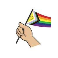 Hand holding lgbt rainbow flag. Cartoon arm doodle holding Pride symbol. Gender diversity representation. vector