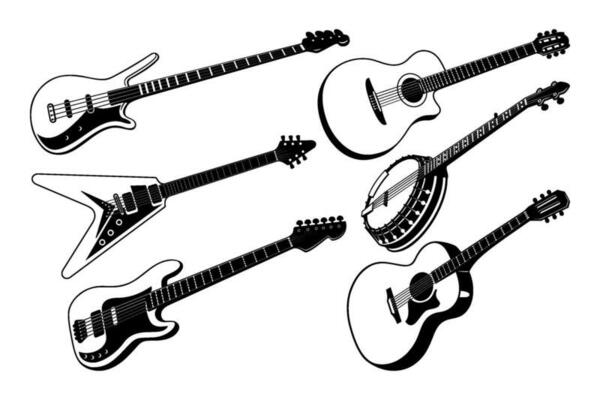 Guitars Silhouette Set. Electric, acoustic guitars and banjo. Vector cliparts isolated on white.