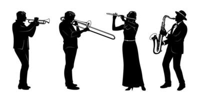 siluetas conjunto de músicos jugando en viento instrumentos trompeta, trombón, flauta, saxofón. vector clipart aislado en blanco.