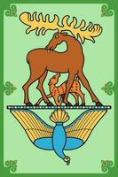 Elk with Calf and Dove. Ancient Scythian symbol. Vector illustration, poster.