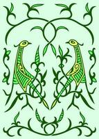 Dancing Storks. Traditional Slavic ornament in green spring colors. Vector illustration, poster.