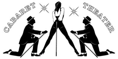 Cabaret Dancers Silhouettes. Woman and two men with canes performance in musical show. Vector cliparts isolated on white.