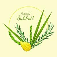 Sukkot greeting card. Feast of Tabernacles or Festival of Ingathering. Circle frame with leaves and lemon. Traditional symbols - etrog - citron, lulav - palm branch, hadas - myrtle, arava - willow vector