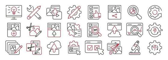 Content Management System set icons. Stages of publishing content using CMS. Creation, publishing content, blog promotion, database administration, seo optimization, analysis, setting, support vector