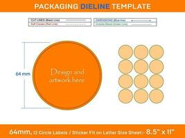 12pcs 64 mm CIRCLE labels sticker dieline template vector