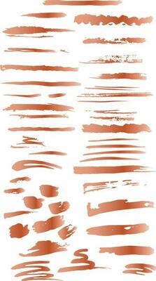 A Set of grunge copper, rose gold artistic brush strokes features sponge stamps, splashes, dry brush marks, and pastel pencil textures