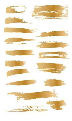 Set of brass Gold artistic brush strokes features sponge stamps, splashes, dry brush marks, and pastel pencil textures.