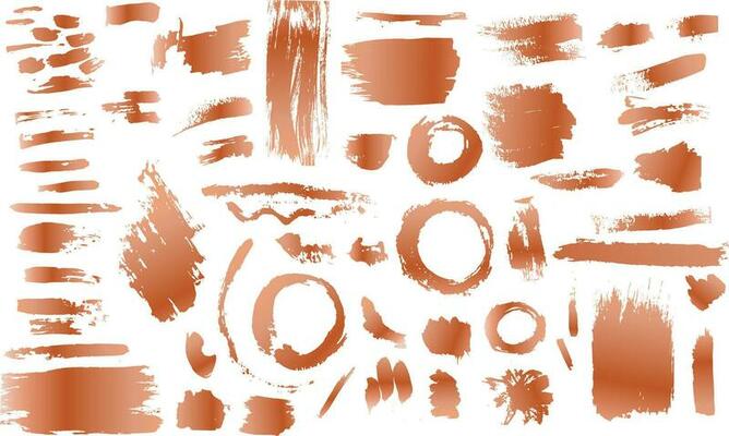 A Set of grunge copper, rose gold artistic brush strokes features sponge stamps, splashes, dry brush marks, and pastel pencil textures