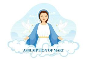 Assumption of Mary Vector Illustration with Feast of the Blessed Virgin and Doves in Heaven in Flat Cartoon Hand Drawn Background Templates