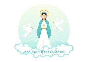 Assumption of Mary Vector Illustration with Feast of the Blessed Virgin and Doves in Heaven in Flat Cartoon Hand Drawn Background Templates