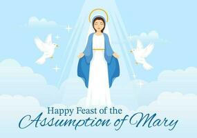 Assumption of Mary Vector Illustration with Feast of the Blessed Virgin and Doves in Heaven in Flat Cartoon Hand Drawn Background Templates