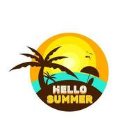 verano ilustración con puesta de sol playa vibraciones con siluetas de Coco árboles, sombrillas, tablas de surf vector