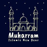 Islamic new year greeting card design with hand drawn style mosque on night background vector