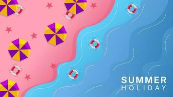 verano día festivo. horizontal bandera diseño con decorativo sombrillas, flotadores y estrella de mar con hermosa playa olas vector