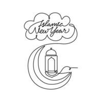 One continuous line drawing of Islamic New Year. Islamic holiday that falls on the 1st day of Muharram of the lunar Islamic Calendar in simple linear style. Islamic design concept vector illustration.