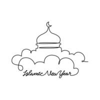 One continuous line drawing of Islamic New Year. Islamic holiday that falls on the 1st day of Muharram of the lunar Islamic Calendar in simple linear style. Islamic design concept vector illustration.