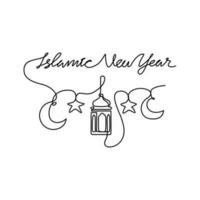 One continuous line drawing of Islamic New Year. Islamic holiday that falls on the 1st day of Muharram of the lunar Islamic Calendar in simple linear style. Islamic design concept vector illustration.