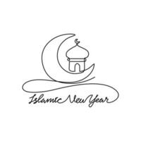 One continuous line drawing of Islamic New Year. Islamic holiday that falls on the 1st day of Muharram of the lunar Islamic Calendar in simple linear style. Islamic design concept vector illustration.