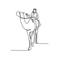 uno continuo línea dibujo de personas son montando camellos en el Desierto como símbolo para hégira. islámico nuevo año fiesta concepto en sencillo lineal estilo. islámico nuevo año diseño concepto vector ilustración