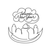 One continuous line drawing of Islamic New Year. Islamic holiday that falls on the 1st day of Muharram of the lunar Islamic Calendar in simple linear style. Islamic design concept vector illustration.