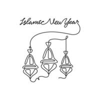 One continuous line drawing of Islamic New Year. Islamic holiday that falls on the 1st day of Muharram of the lunar Islamic Calendar in simple linear style. Islamic design concept vector illustration.