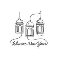 One continuous line drawing of Islamic New Year. Islamic holiday that falls on the 1st day of Muharram of the lunar Islamic Calendar in simple linear style. Islamic design concept vector illustration.