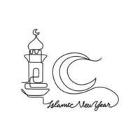 One continuous line drawing of Islamic New Year. Islamic holiday that falls on the 1st day of Muharram of the lunar Islamic Calendar in simple linear style. Islamic design concept vector illustration.