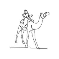 uno continuo línea dibujo de personas son montando camellos en el Desierto como símbolo para hégira. islámico nuevo año fiesta concepto en sencillo lineal estilo. islámico nuevo año diseño concepto vector ilustración