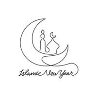 One continuous line drawing of Islamic New Year. Islamic holiday that falls on the 1st day of Muharram of the lunar Islamic Calendar in simple linear style. Islamic design concept vector illustration.