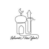 One continuous line drawing of Islamic New Year. Islamic holiday that falls on the 1st day of Muharram of the lunar Islamic Calendar in simple linear style. Islamic design concept vector illustration.