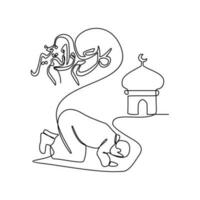 uno continuo línea dibujo de islámico nuevo año. personas Orando concepto vector ilustración en sencillo lineal estilo. Arábica Traducción es contento islámico nuevo año