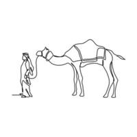 uno continuo línea dibujo de personas son montando camellos en el Desierto como símbolo para hégira. islámico nuevo año fiesta concepto en sencillo lineal estilo. islámico nuevo año diseño concepto vector ilustración