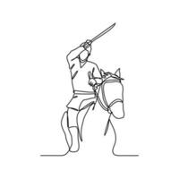 uno continuo línea dibujo de ilustración de un soldado montando un caballo durante guerra. soldado montando un caballo concepto en sencillo lineal estilo continuo línea. soldado concepto vector ilustración.