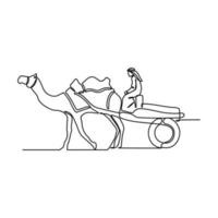 uno continuo línea dibujo de personas son montando camellos en el Desierto como símbolo para hégira. islámico nuevo año fiesta concepto en sencillo lineal estilo. islámico nuevo año diseño concepto vector ilustración
