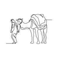 uno continuo línea dibujo de personas son montando camellos en el Desierto como símbolo para hégira. islámico nuevo año fiesta concepto en sencillo lineal estilo. islámico nuevo año diseño concepto vector ilustración