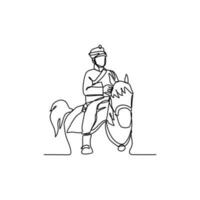 uno continuo línea dibujo de ilustración de un soldado montando un caballo durante guerra. soldado montando un caballo concepto en sencillo lineal estilo continuo línea. soldado concepto vector ilustración.